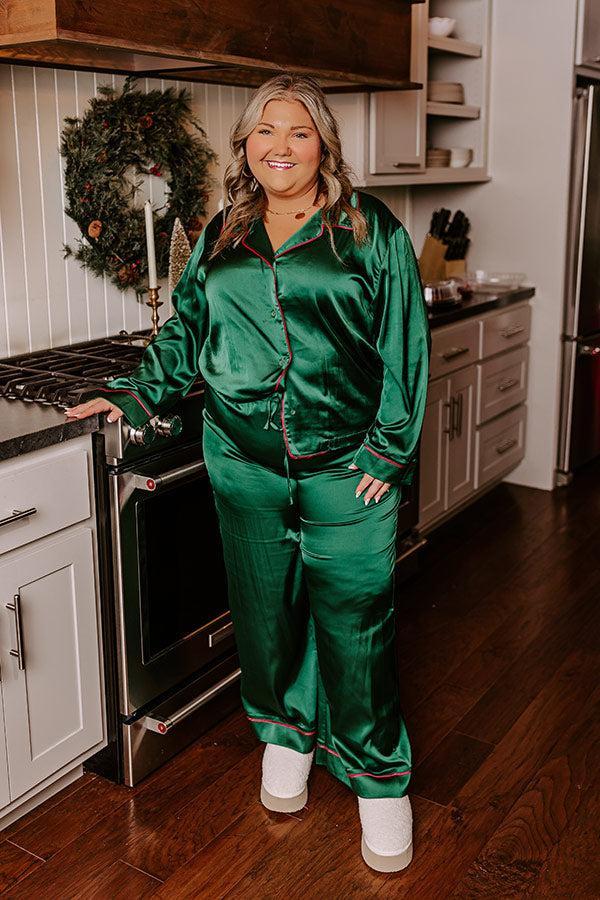 Feeling Luxurious Satin Pajama Pants in Hunter Green Curves Product Image