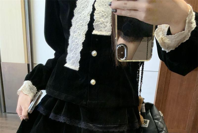 Long-Sleeve Tie-Neck Contrast Trim Velvet Blouse / Elastic Waist Lace Trim Mini A-Line Skirt Product Image