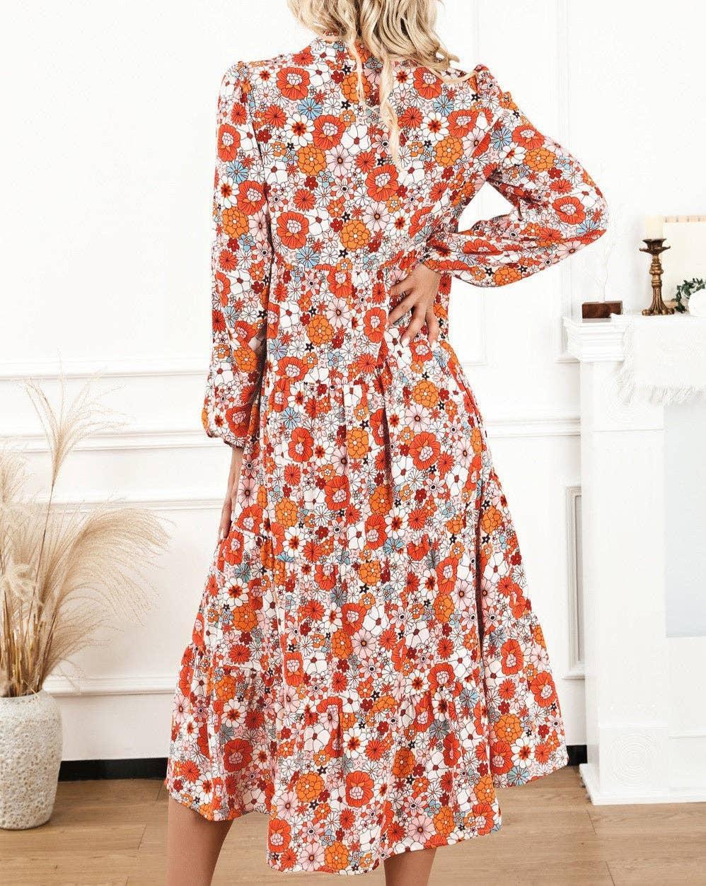 Floral Collared Tiered Midi Dress: Multicolor Product Image