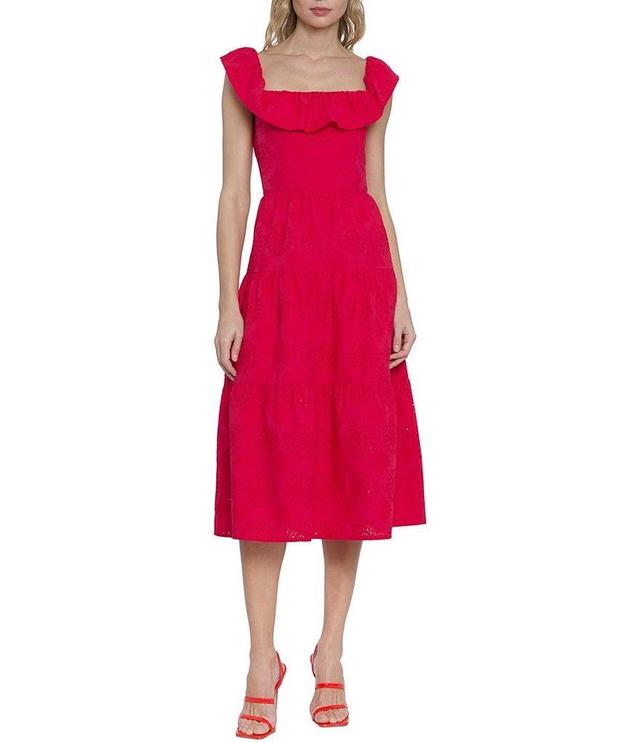 Donna Morgan Eyelet Square Neck Flutter Sleeve Tiered Midi Dress Product Image