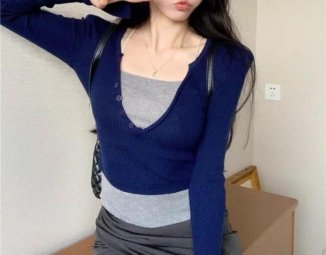 Mock Two-Piece Long-Sleeve Two Tone Knit Top Product Image