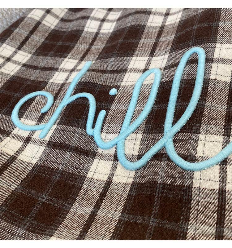 Plaid Lettering Embroidered Tote Bag Product Image