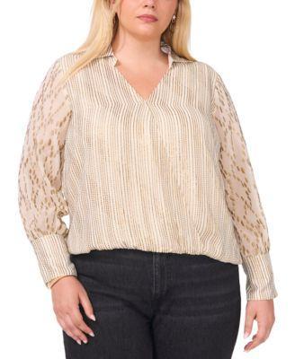 Plus Size V-Neck Collared Long-Sleeve Blouse Product Image