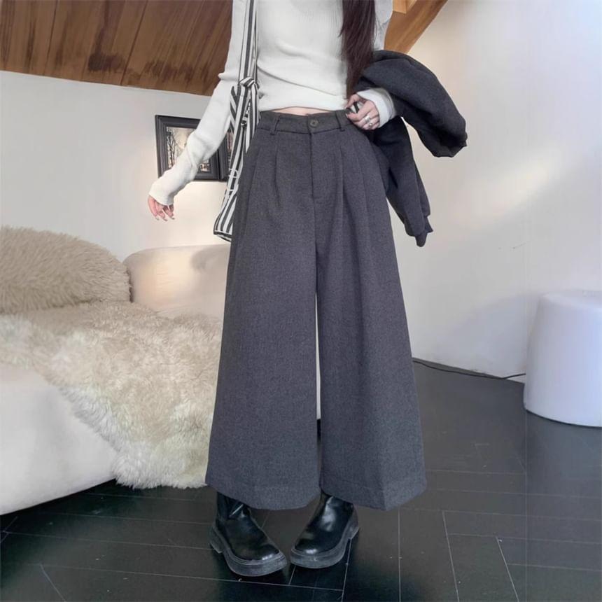 Mid Waist Plain Cropped Wide Leg Pants Product Image