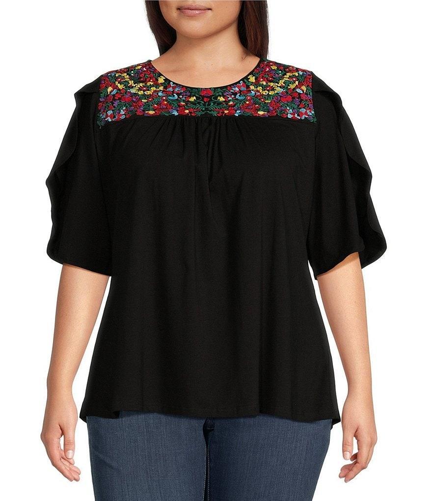 Calessa Plus Size Knit Embroidered Yoke Crew Neck Short Flutter Sleeve Top Product Image