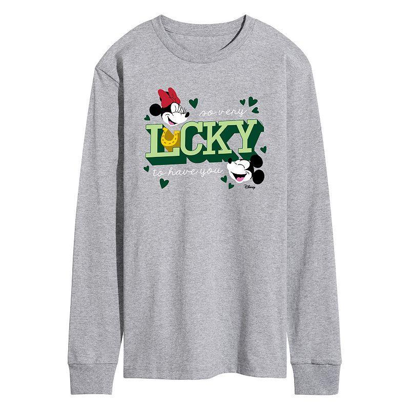 Disneys Mickey & Minnie Mouse Mens Lucky To Have You Long Sleeve Graphic Tee Grey Gray Product Image