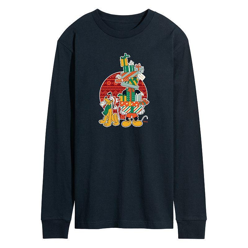 Disneys Mickey Mouse & Pluto Mens Presents Long Sleeve Graphic Tee Blue Product Image