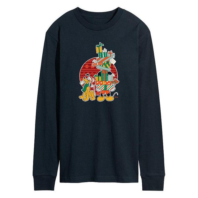 Disneys Mickey Mouse & Pluto Mens Presents Long Sleeve Graphic Tee Blue Product Image