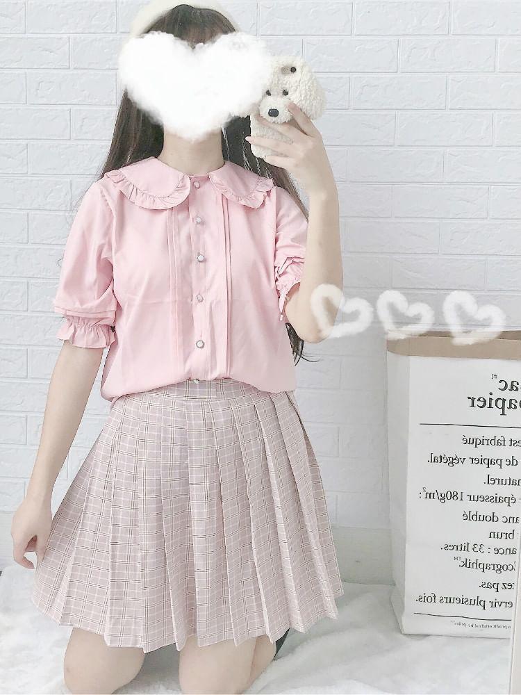 Puff-Sleeve Plain Ruffle Trim Button-Up Blouse Product Image