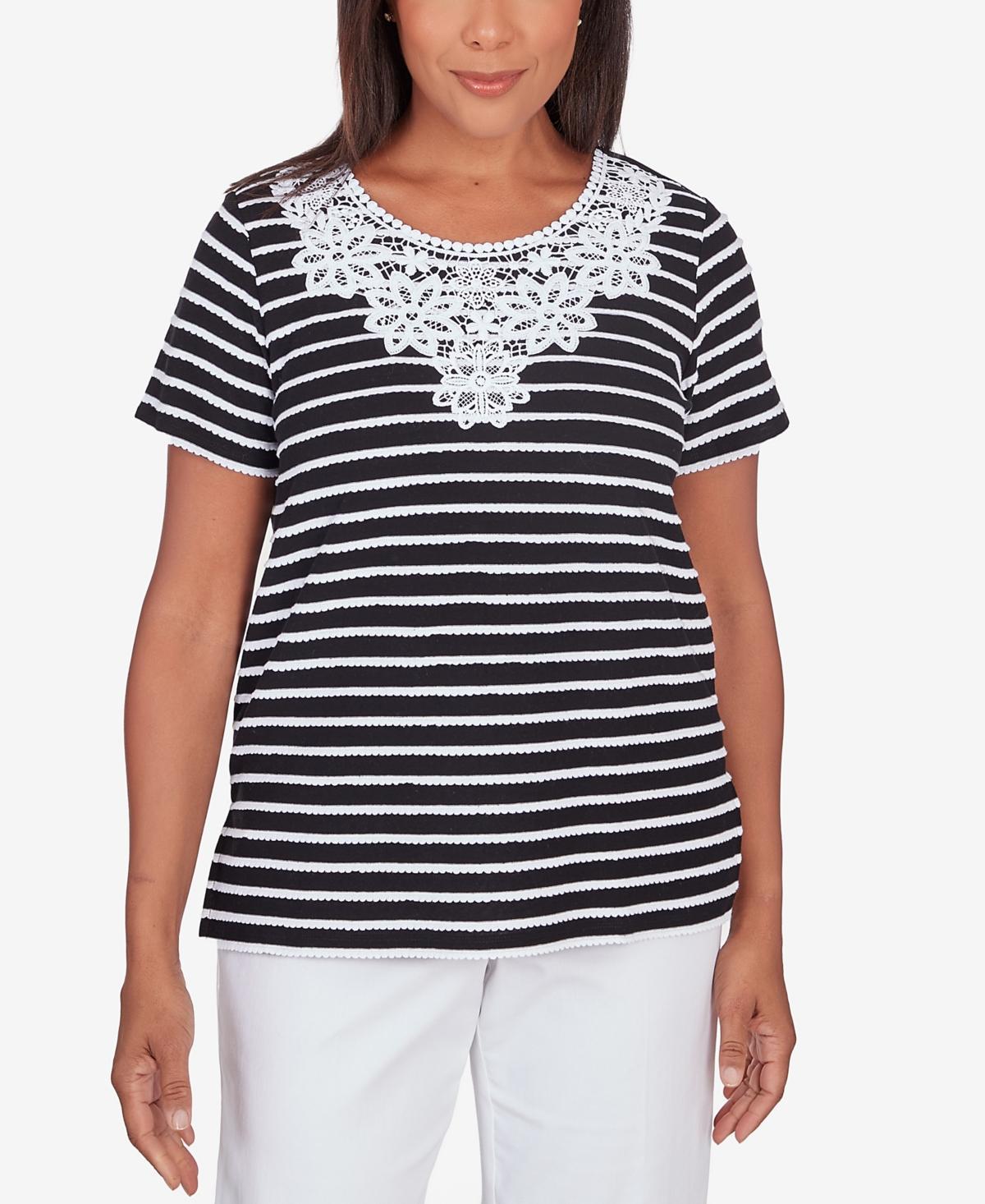 Petite Alfred Dunner Lace Neck Striped Split Hem Tee, Womens Dark Blue Product Image