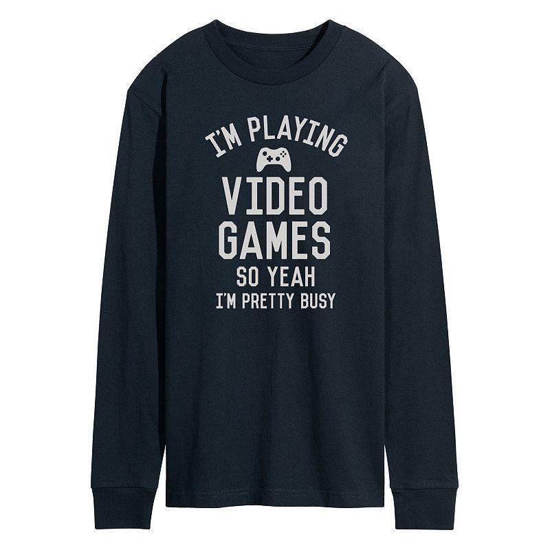 Mens Im Playing Video Games Yeah Busy Long Sleev Graphic Tee Dark Green Product Image