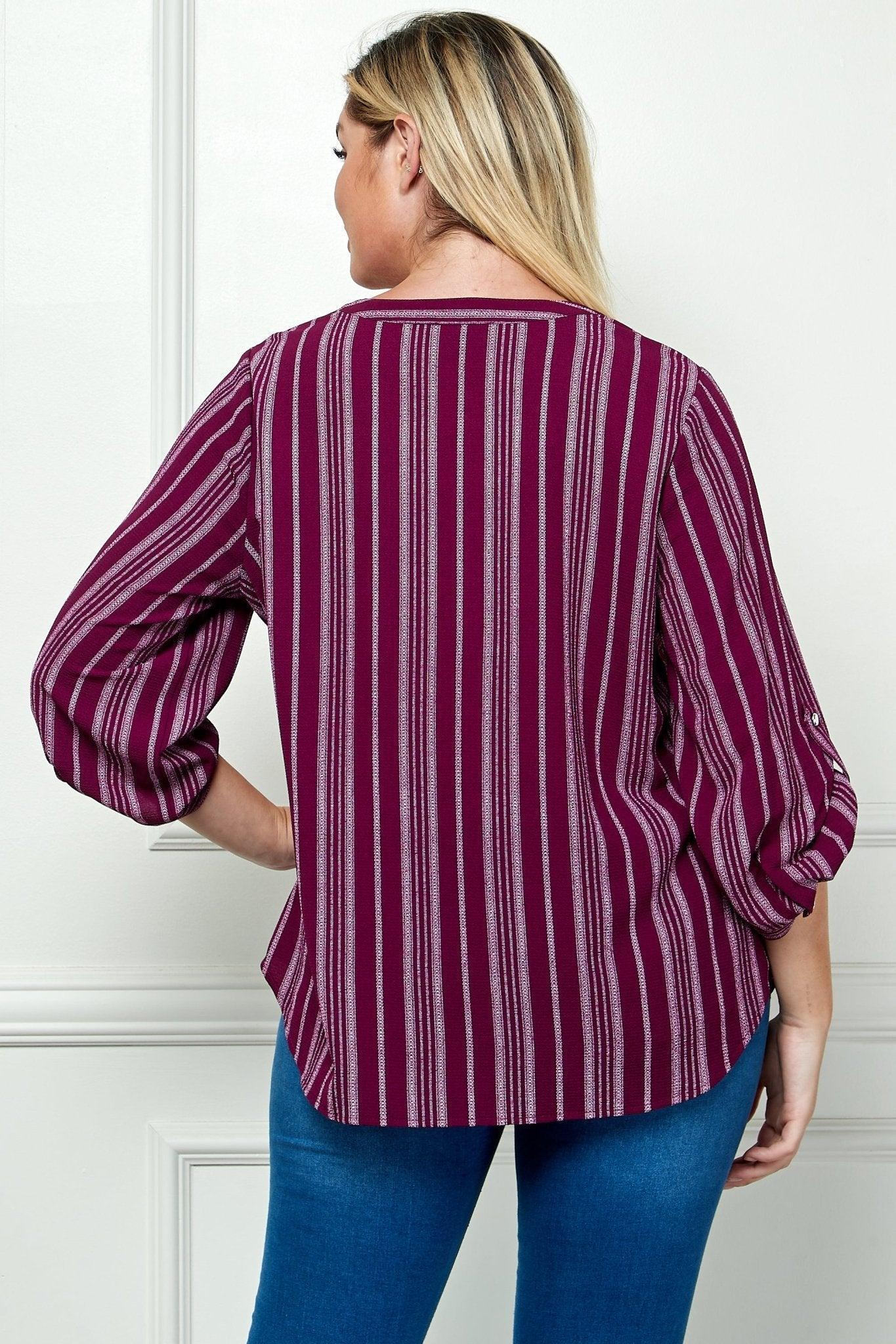 Plum & Cream 3/4 Button Tab Sleeve V Neck Popover - Plus Product Image