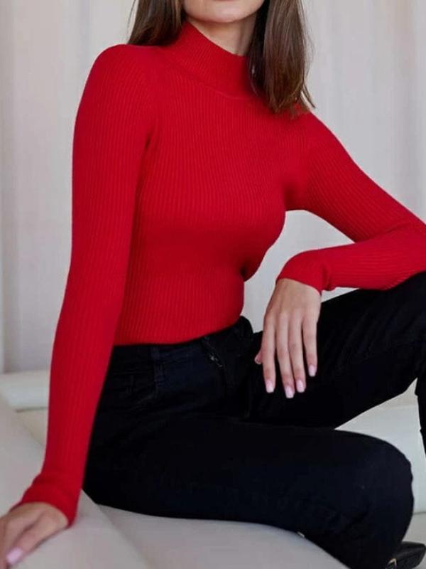 Long Sleeves Skinny Solid Color Split-Joint High Neck Sweater Tops Product Image