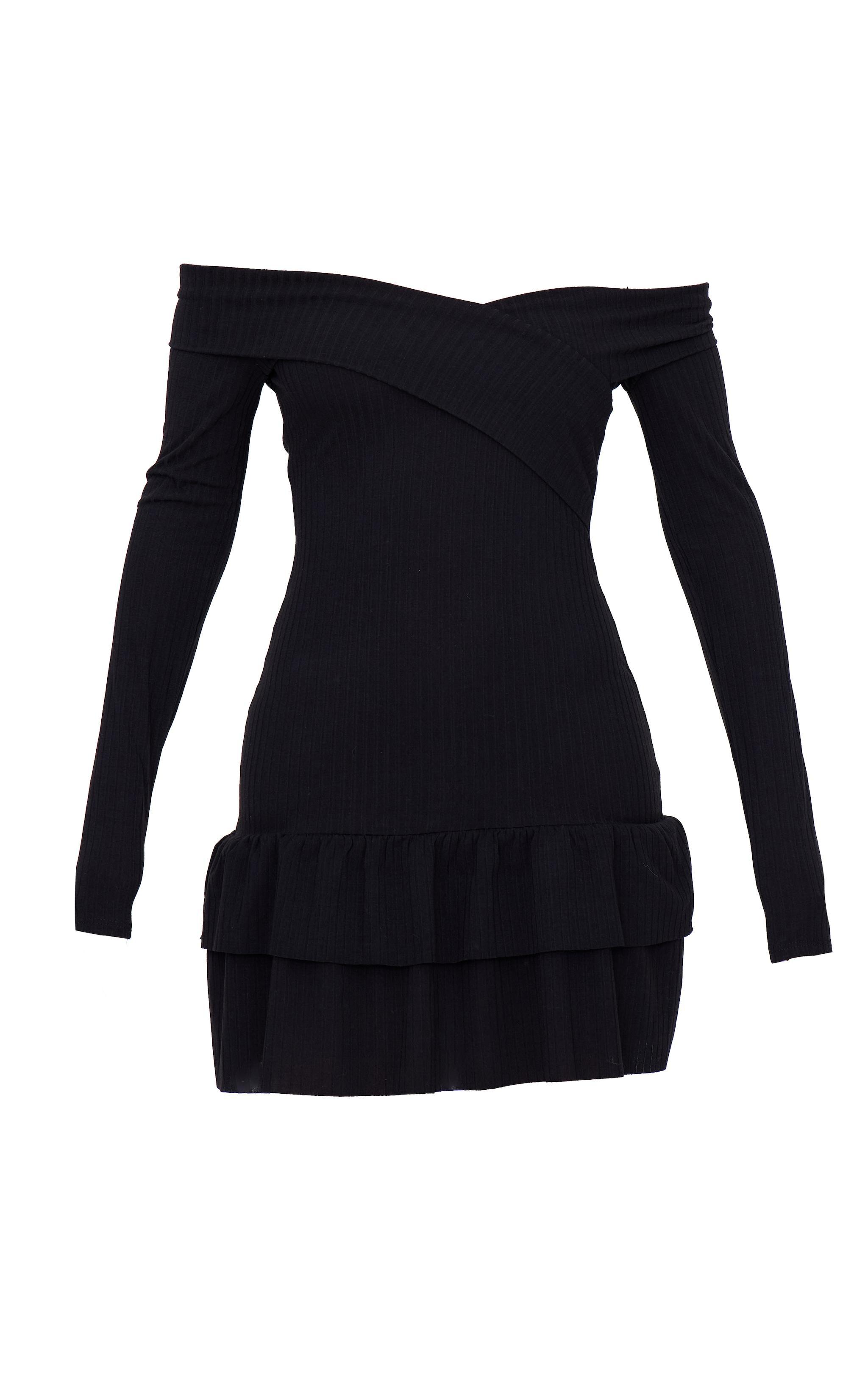 Black Ribbed Bardot Cross Over Bust Detail Shift Dress Product Image