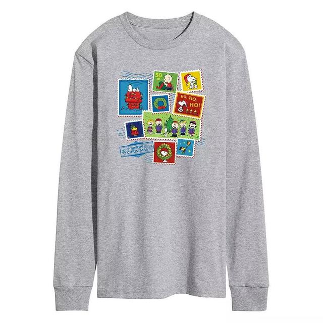 Mens Peanuts Christmas Stamp Collage Long Sleeve Graphic Tee Grey Gray Product Image