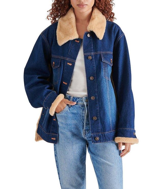 Steve Madden Winona Denim Faux Fur Collar Neck Long Sleeve Button Front Jacket Product Image