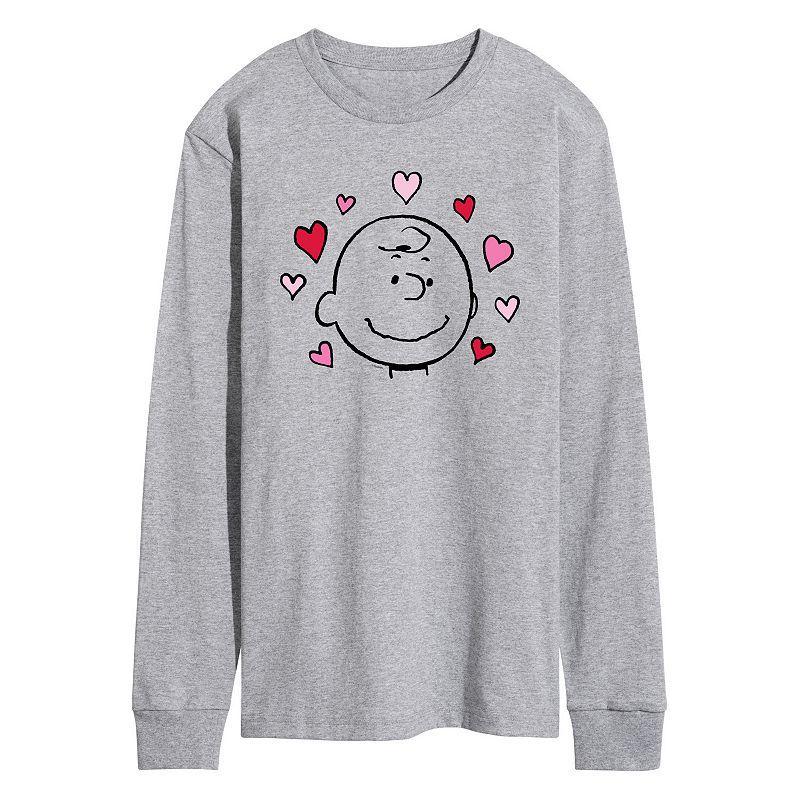 Mens Peanuts Charlie Face with Hearts Long Sleeve Graphic Tee Grey Gray Product Image