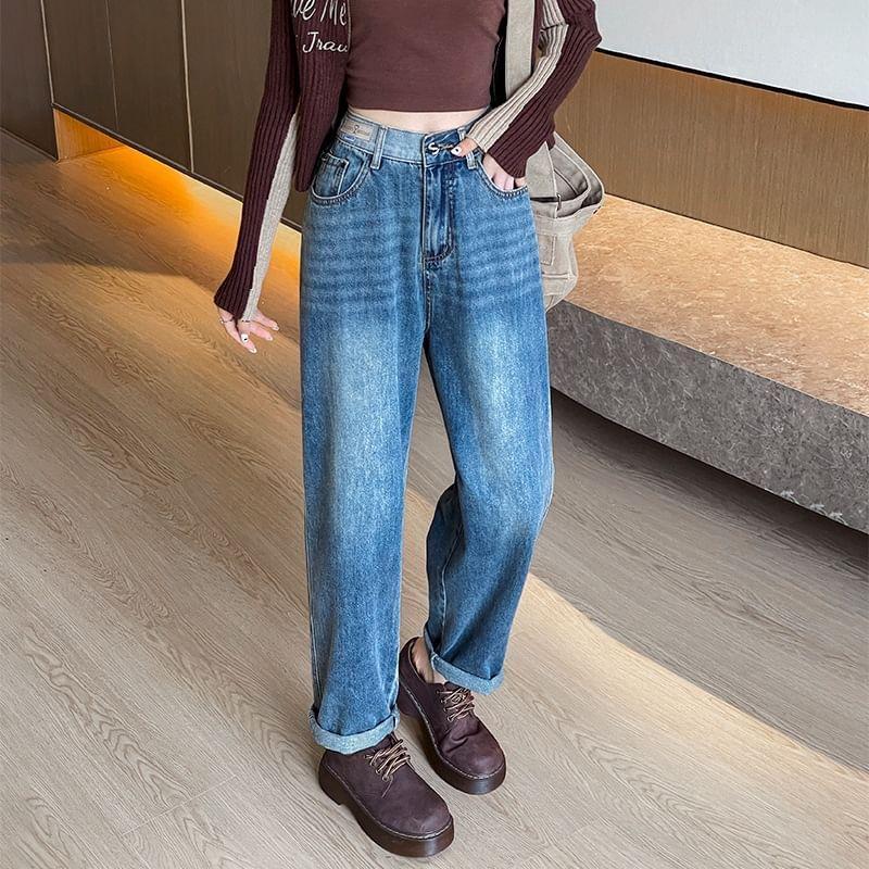 High Waist Washed Loose Fit Jeans Product Image