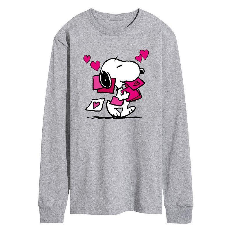 Mens Peanuts Snoopy Valentines Cards Long Sleeve Graphic Tee Grey Gray Product Image