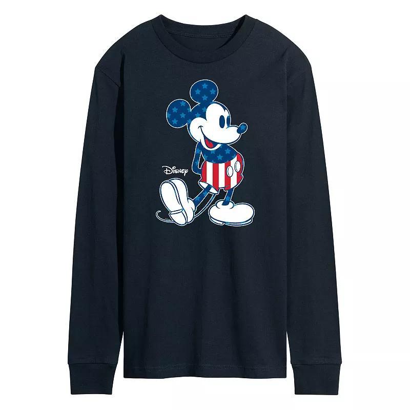 Disneys Mickey Mouse Mens Flag Long Sleeve Graphic Tee Blue Product Image