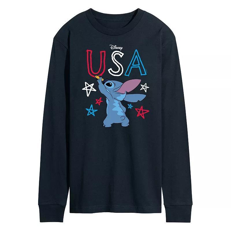 Disneys Lilo and Stitch Mens USA Stitch Crayon Long Sleeve Graphic Tee Blue Product Image