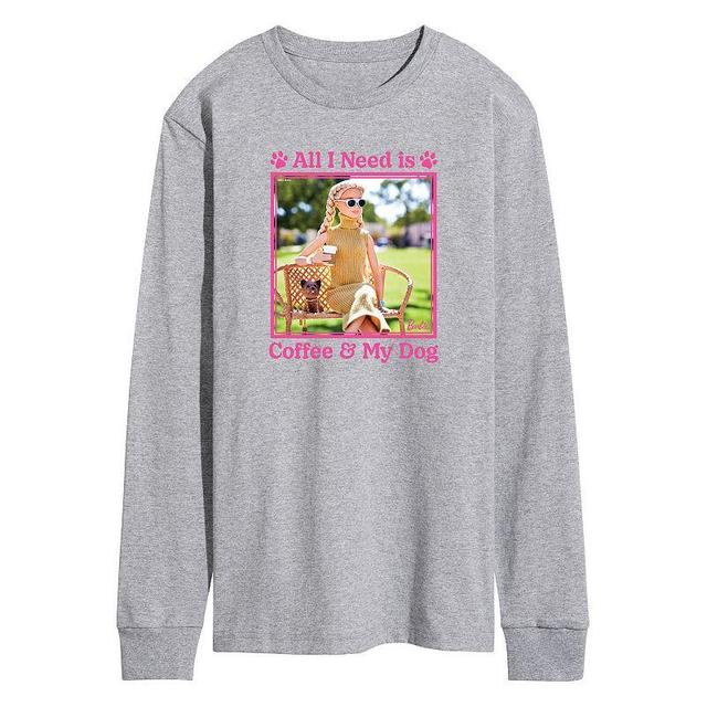 Mens Barbie All I Need Is Coffee Dog Long Sleeve Graphic Tee Grey Gray Product Image