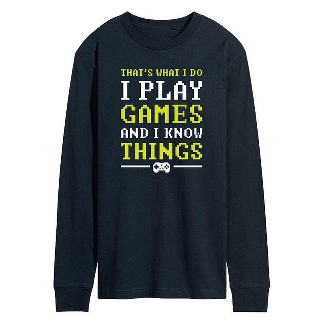 Mens I Play Games And I Know Things Pixel Long Sleeve Graphic Tee Blue Product Image