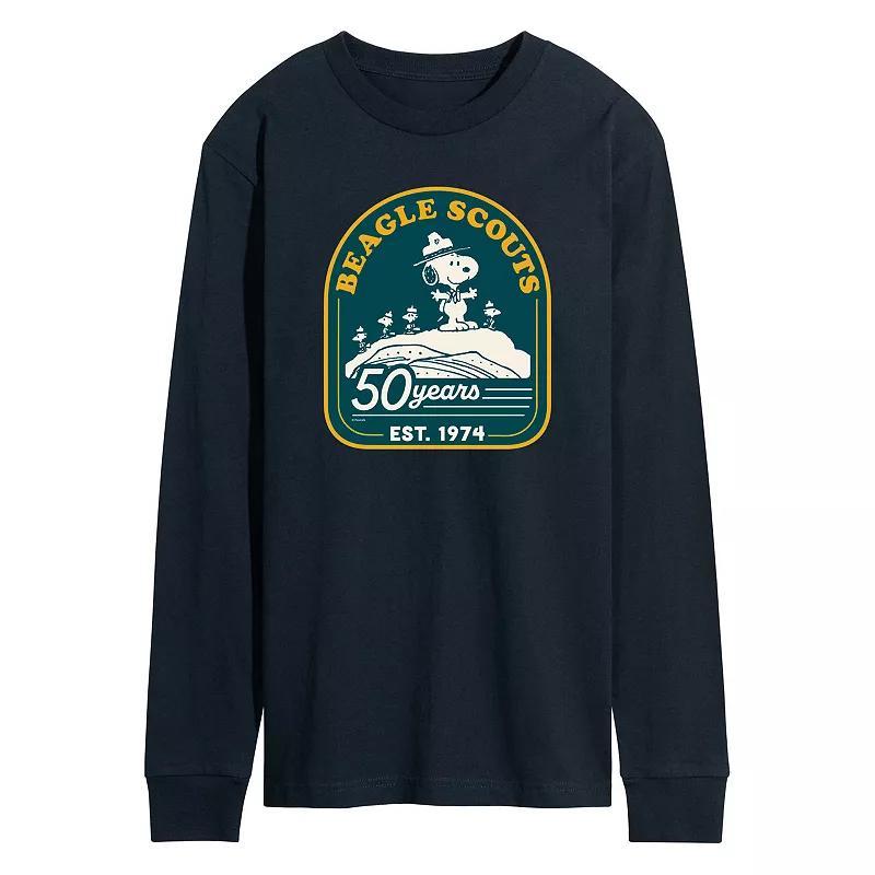 Mens Peanuts Beagle Scout 50 Year Mountain Long Sleeve Graphic Tee Blue Product Image