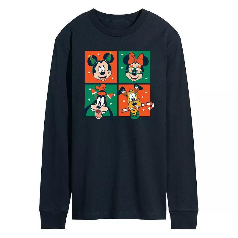 Disneys Mickey Mouse & Friends Mens Christmas Grid Long Sleeve Graphic Tee Blue Product Image