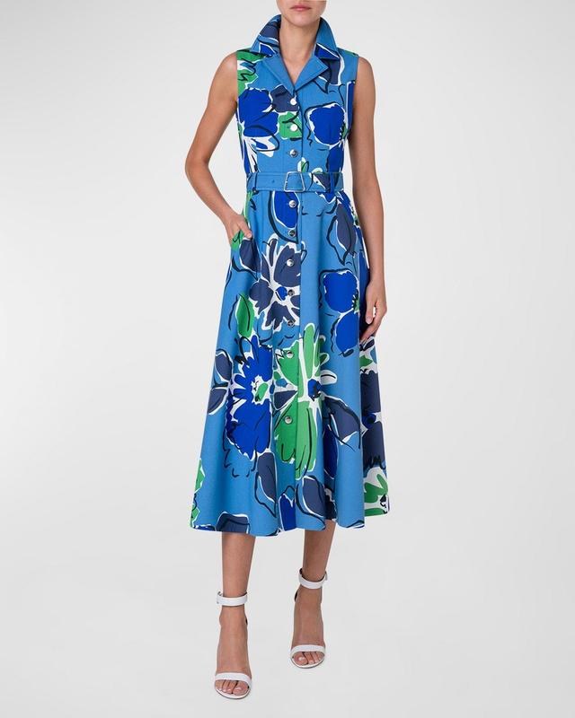 Womens Belted Floral A-Line Midi-Dress Product Image