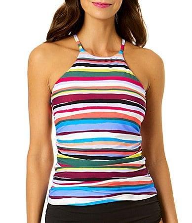 Anne Cole Womens Striped High-Neck Back-Strap Tankini Product Image