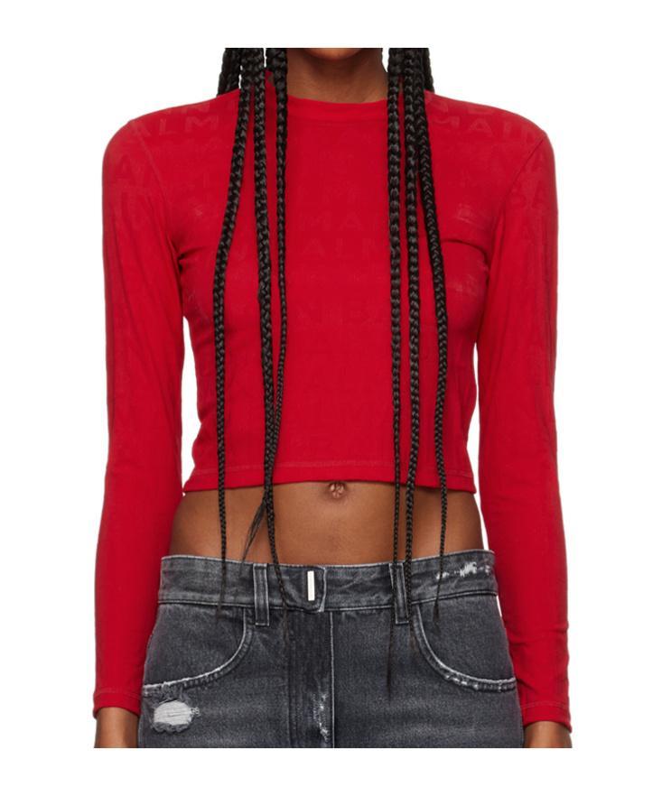 BALMAIN Red Jacquard Long Sleeve T-shirt In 600 Red Product Image