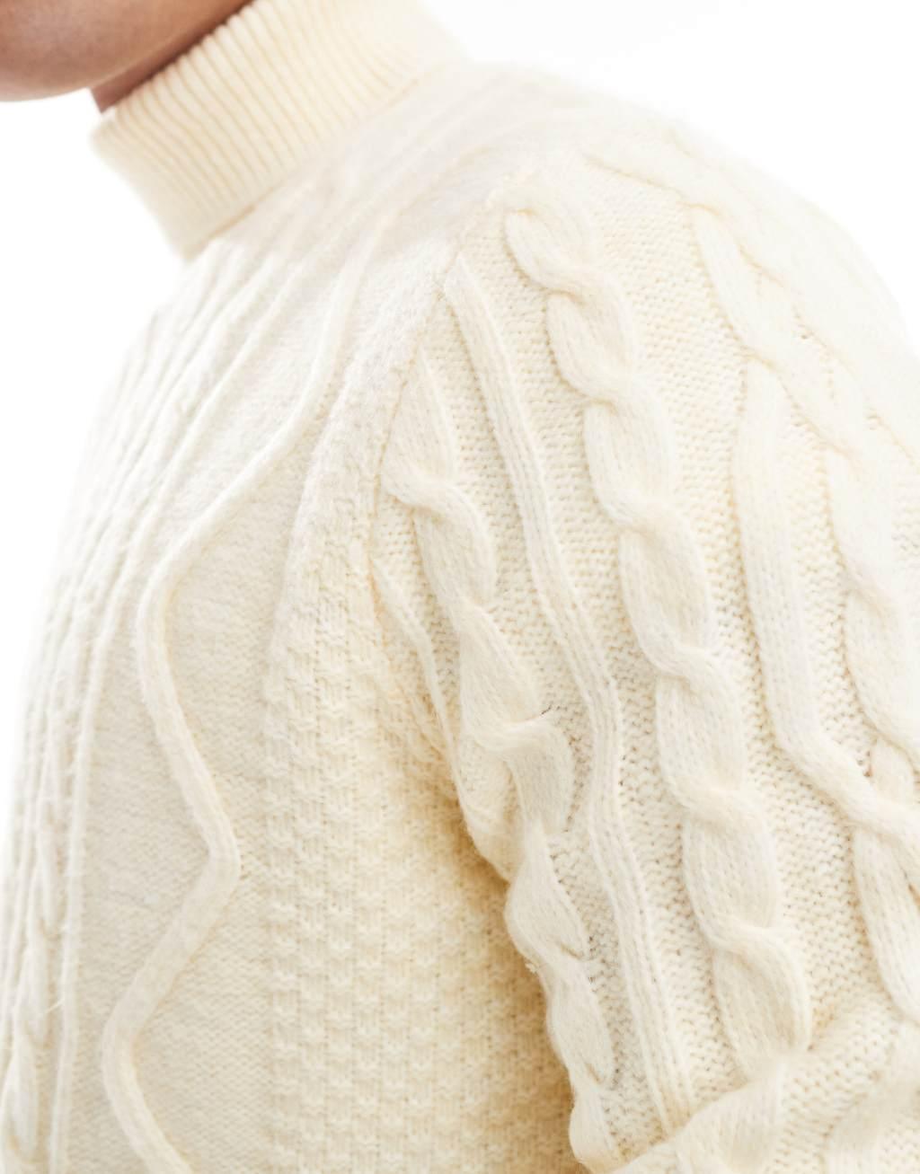 ASOS DESIGN heavyweight cable knit turtleneck sweater in cream Product Image