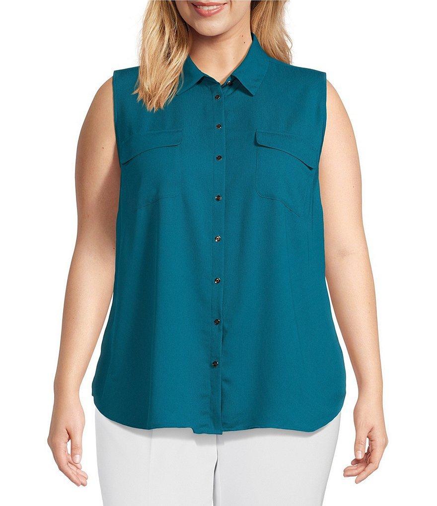 Investments Plus Size Point Collar Sleeveless Button Tie Front Top Product Image