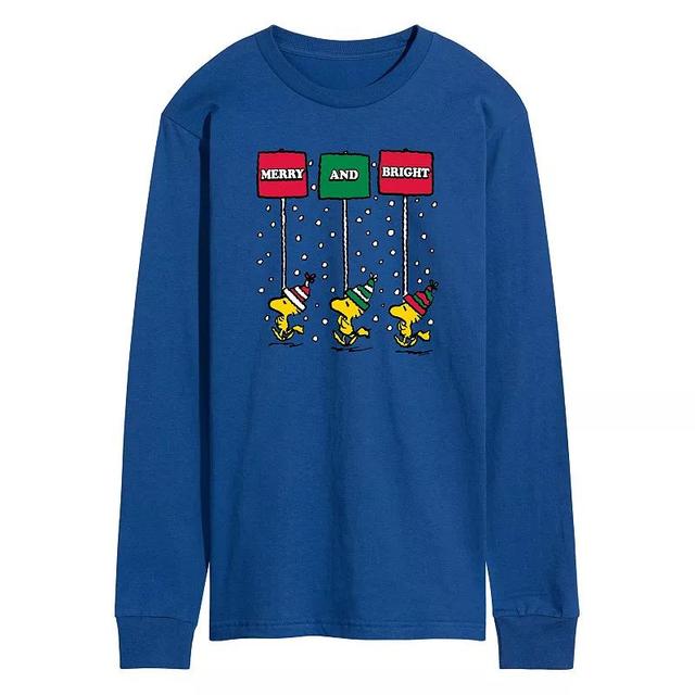 Mens Peanuts Woodstock Merry & Bright Long Sleeve Graphic Tee Grey Gray Product Image