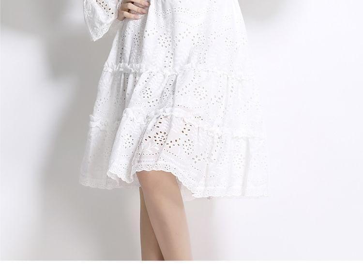 Long Sleeve Stand Collar Plain Embroidered Eyelet Ruffle Button Midi A-Line Dress Product Image