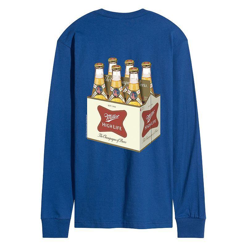 Mens Miller High Life 6 Pack Bottles Long Sleeve Graphic Tee Blue Product Image