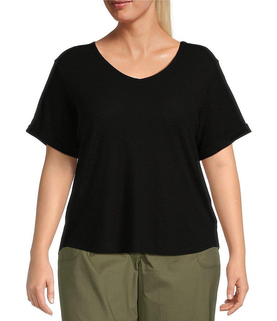 Kinesis Plus Size Waffle Knit Short Sleeve V-Neck Curved Hem Tee Shirt Product Image