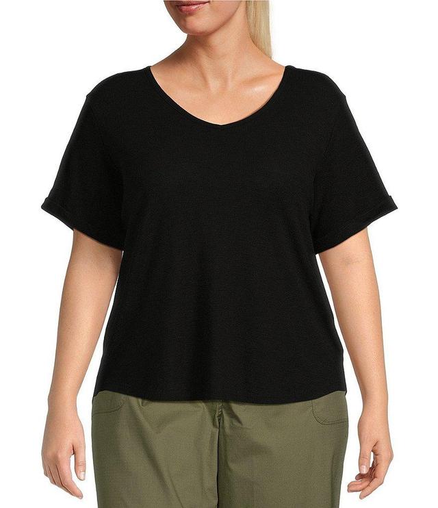 Kinesis Plus Size Waffle Knit Short Sleeve V-Neck Curved Hem Tee Shirt Product Image