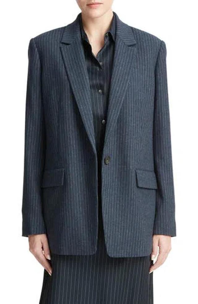 Pinstripe Wool Blend Flannel Blazer In Dark Obsidian/silver Product Image