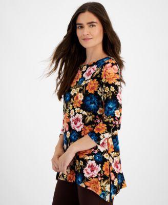 Petite Floral Jacquard 3/4-Sleeve Swing Top, Created for Macy's product image