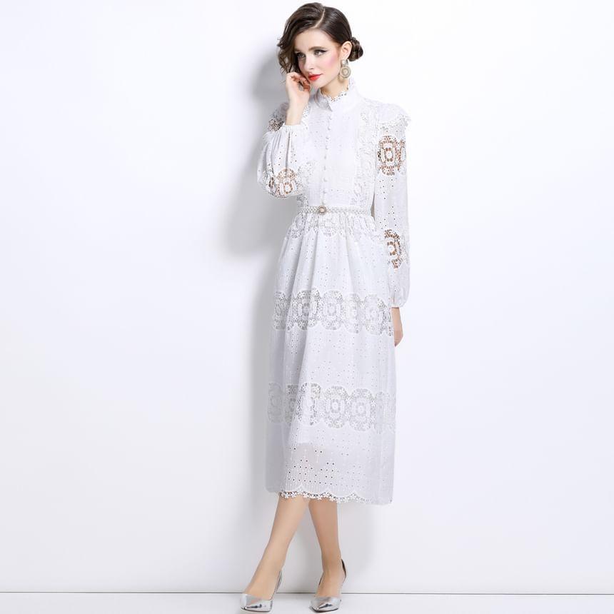 Set: Long Sleeve Stand Collar Plain Button Panel Lace Midi A-Line Dress + Belt Product Image