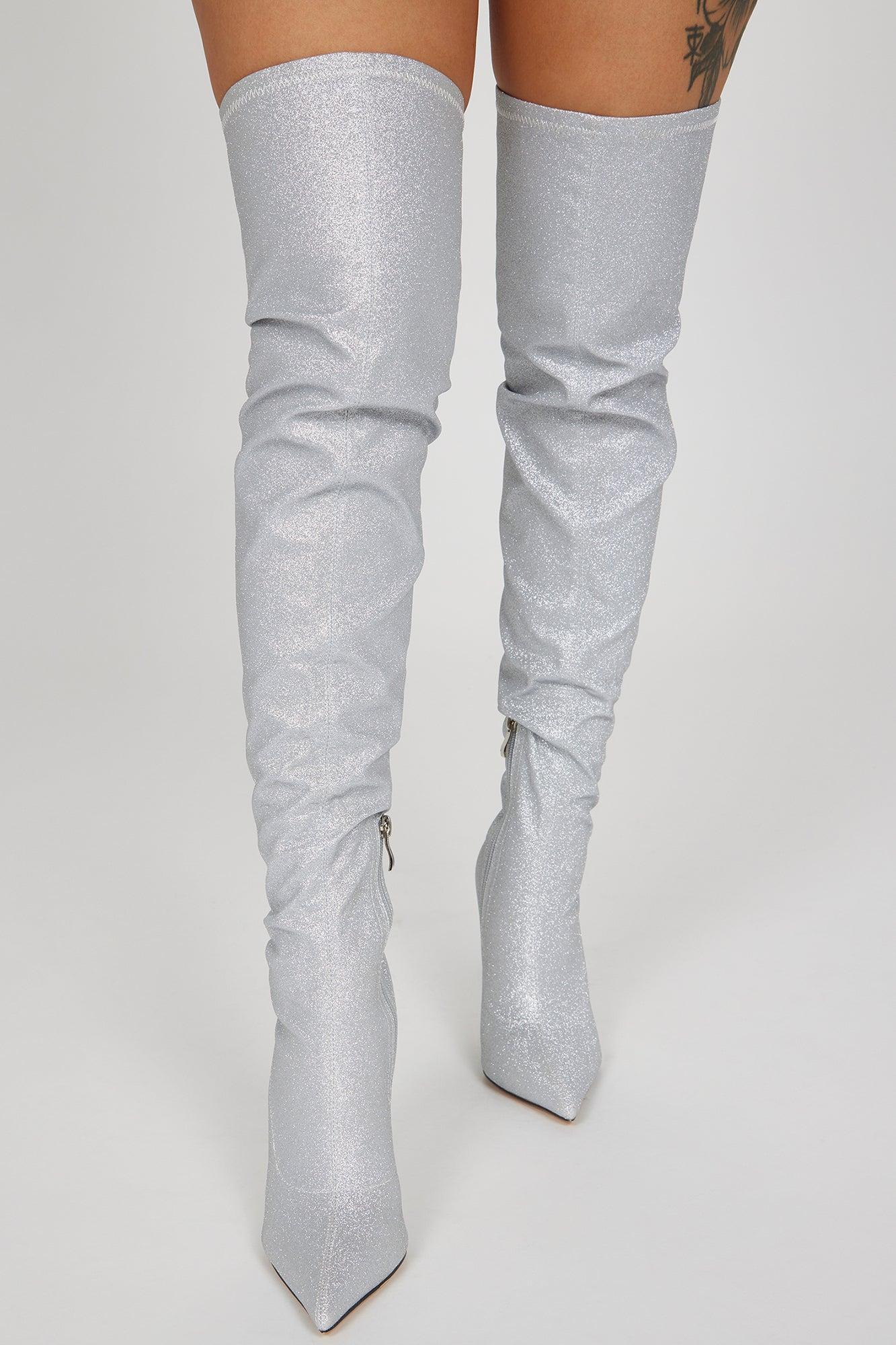 All That Sparkle Over The Knee Boots  - Silver Product Image