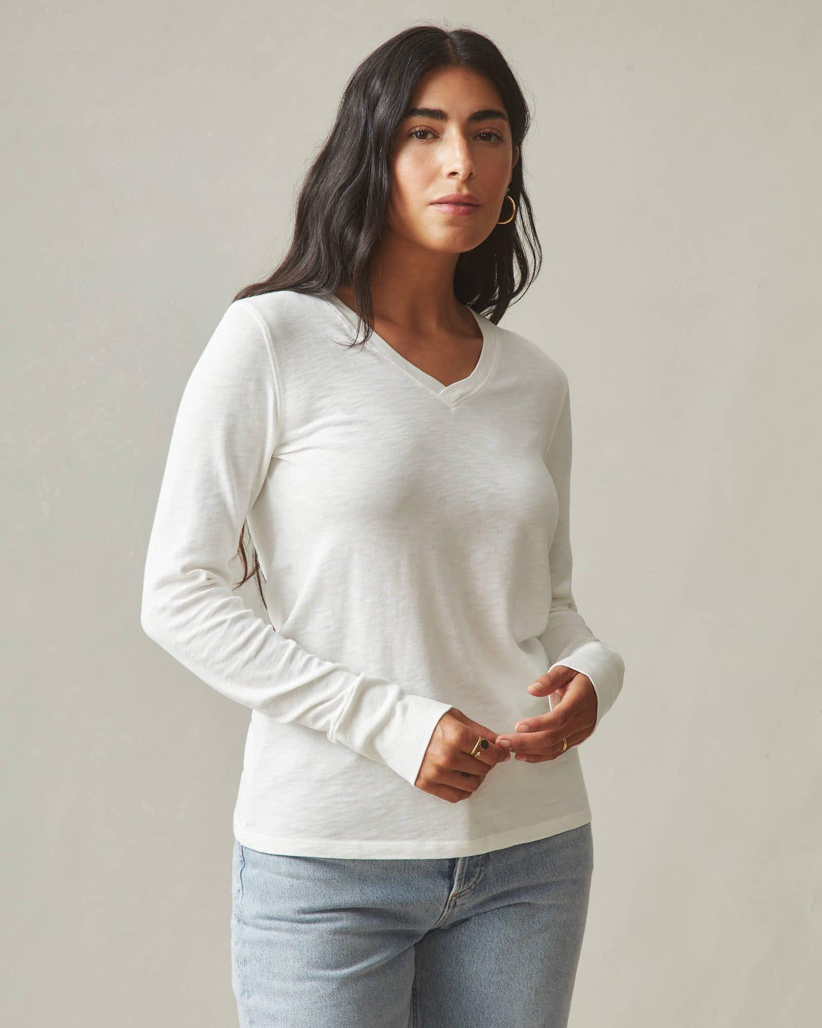 Premium Slub V-Neck Tee Long Sleeve - Bone Female Product Image