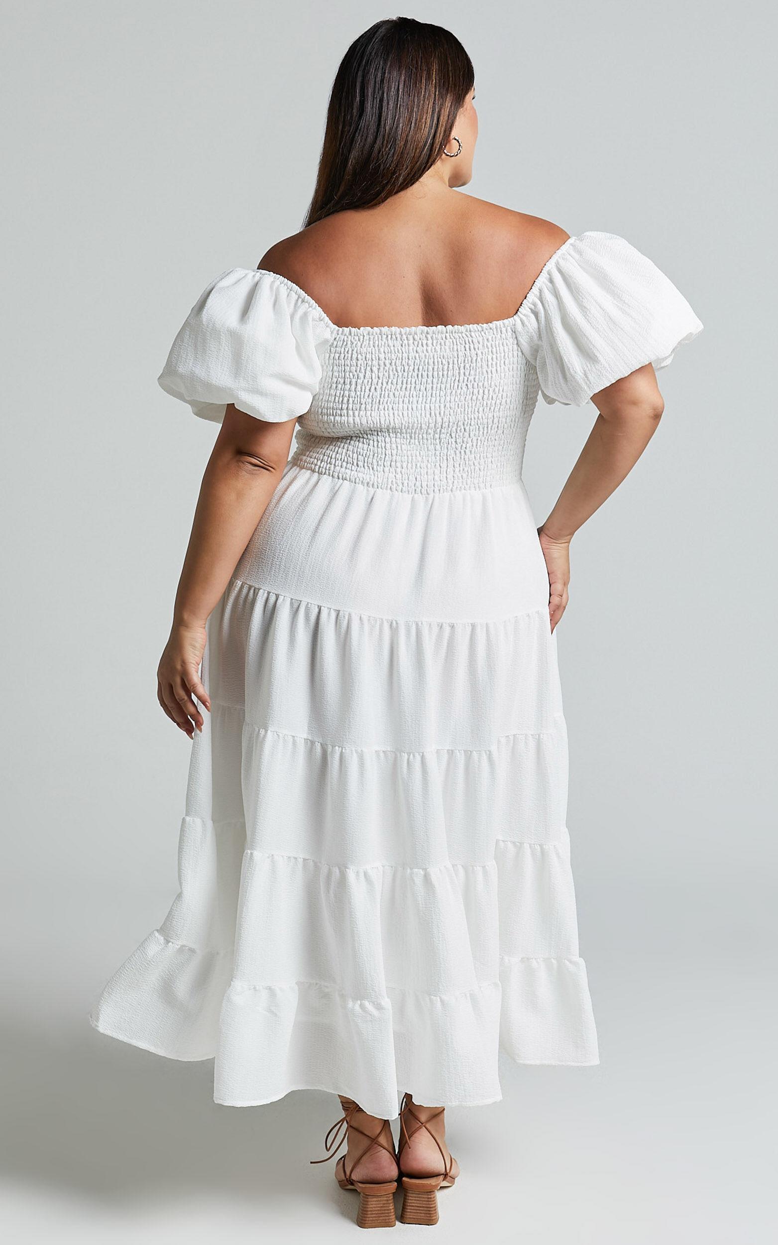 Maxima Midi Dress - Puff Sleeve Shirred Bodice Tiered Dress in White Product Image