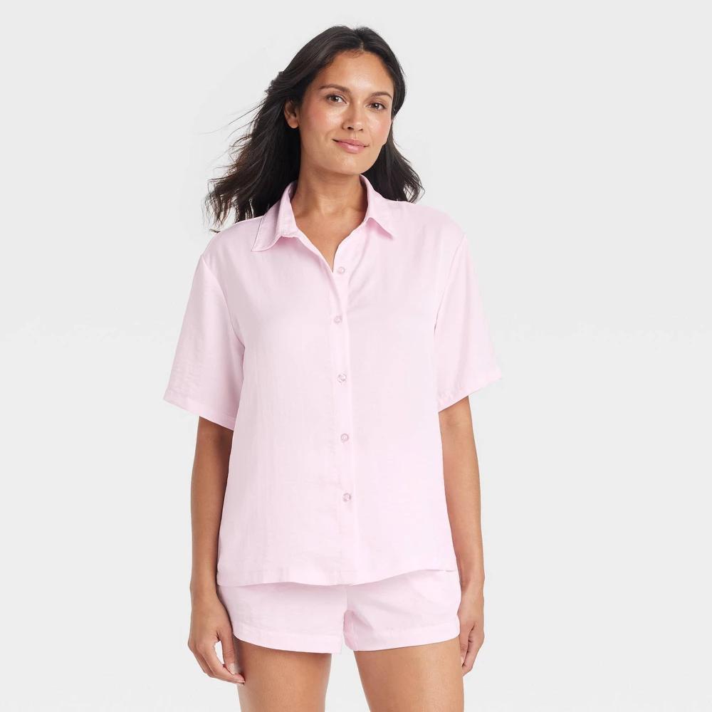 Womens Satin Short Sleeve Notch Collar Top and Shorts Pajama Set - Auden Pink XXL Product Image