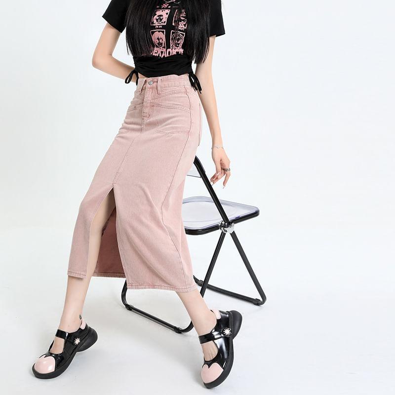 High Rise Slit Denim Midi Pencil Skirt Product Image