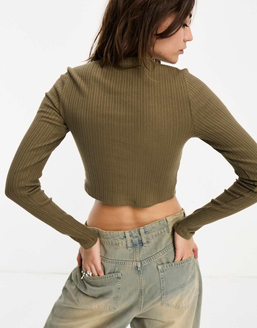 Noisy May long sleeve ribbed top with button through detail in khaki Product Image