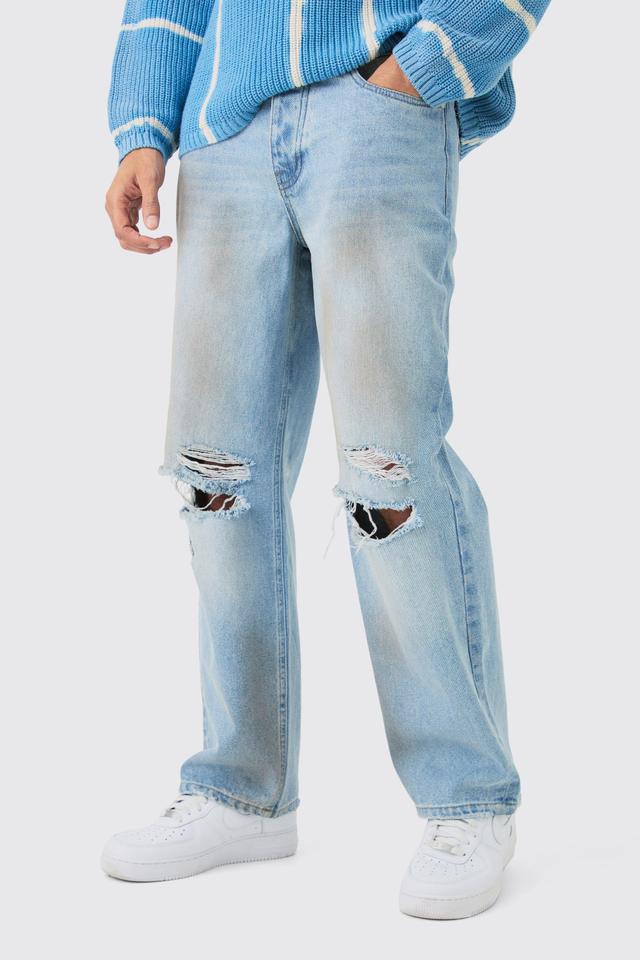 Baggy Rigid Ripped Knee Dirty Wash Jeans In Light Blue | boohooMAN USA Product Image