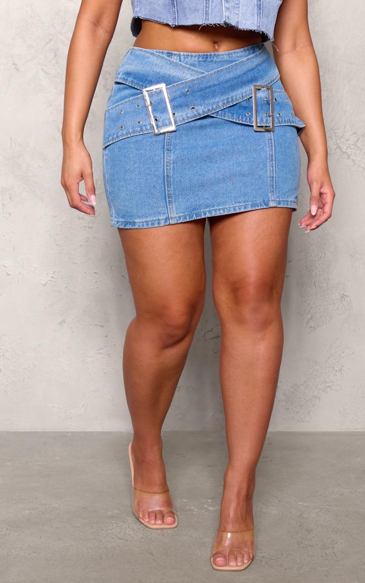 Shape Light Blue Denim Belted Mini Skirt Product Image